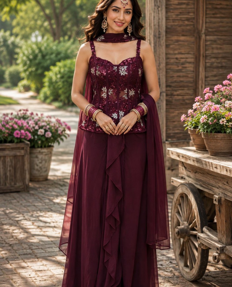66817 - Lycra Embroidered Indo-Western in Wine Colour
